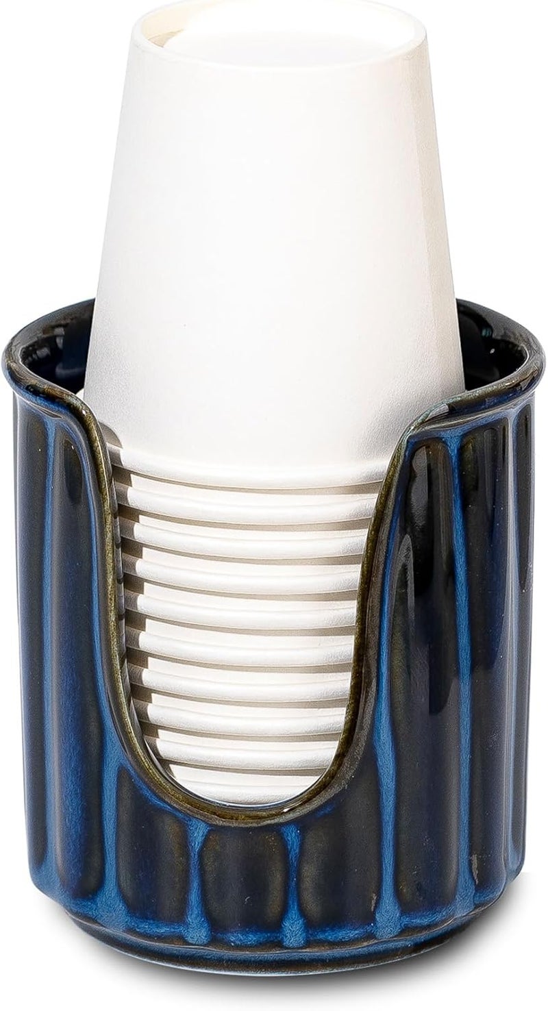 TANEW Ceramic Bathroom Cup Dispenser with Stylish Vertical Stripes - Dixies Cup Dispenser & Mouthwash Cup Holder Holds 3oz Paper Cups for Rinsing Cups on Bathroom Vanity Countertop Reactive Glaze Blue - Image 1